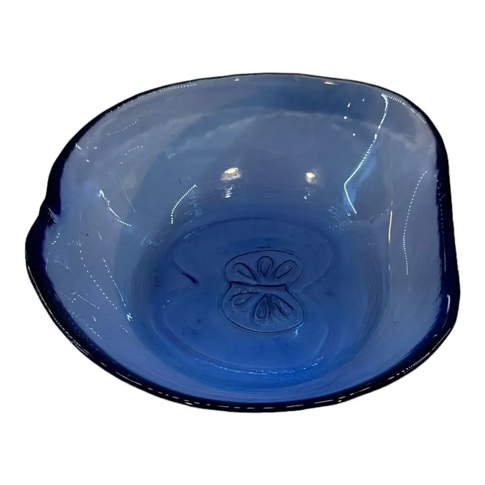Apple Shaped Blue Art Glass Bowl Fruit Dish Imprinted Core Cottagecore Vintage